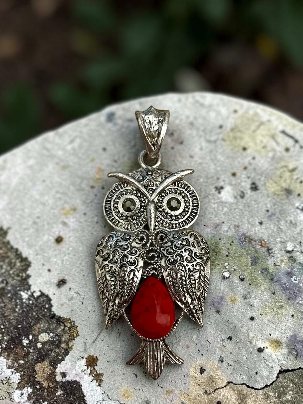 Red Howlite Silver Owl Pendant
